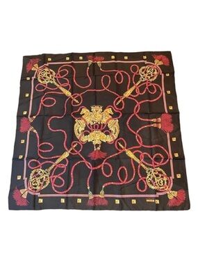 Vintage LESLIE FAY Silk Black Gold Horse Crest Scarf